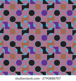 Vibrant Geometric Seamless Pattern with purple background, Purple Shapes and Colorful Circles, Modern Decorative Surface Design for Fabric and Wallpaper Use, flooring, pottery, wall art