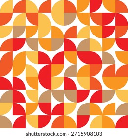 Vibrant Geometric Seamless Pattern with Quarter Circles in Warm Red, Orange, Yellow, Brown, and White. Retro Modern Flat Design for Abstract Backgrounds, Digital Art, and Decorative Textiles.