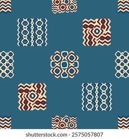 Vibrant geometric seamless pattern showcases dark blue and red shapes. Ethnic hand made background