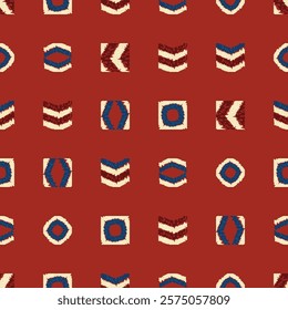 Vibrant geometric seamless pattern showcases dark blue and red shapes. Ethnic hand made background