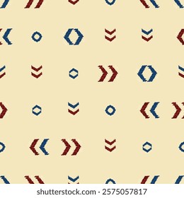 Vibrant geometric seamless pattern showcases dark blue and red shapes. Ethnic hand made background