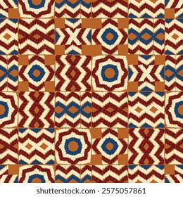 Vibrant geometric seamless pattern showcases dark blue and red shapes. Ethnic hand made background