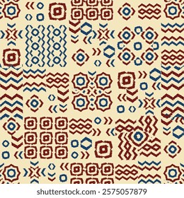 Vibrant geometric seamless pattern showcases dark blue and red shapes. Ethnic hand made background