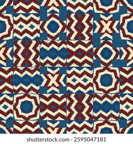 Vibrant geometric seamless pattern showcases dark blue and red shapes. Ethnic hand made background