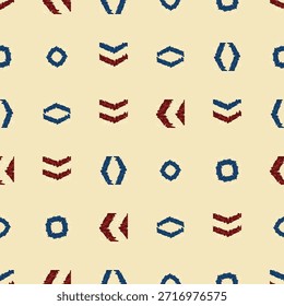 Vibrant geometric seamless pattern showcases dark blue and red shapes. Ethnic hand made background
