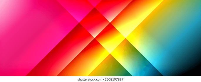 Vibrant geometric shapes, colorful gradients, diagonal lines, modern design, abstract background, bright spectrum, smooth transitions, dynamic composition.