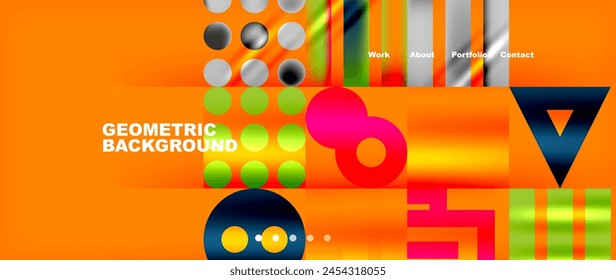 Vibrant geometric shapes like circles, triangles, and squares create a colorful playground of art on an orange background. This pattern of tints and shades is a playful recreation for the eyes