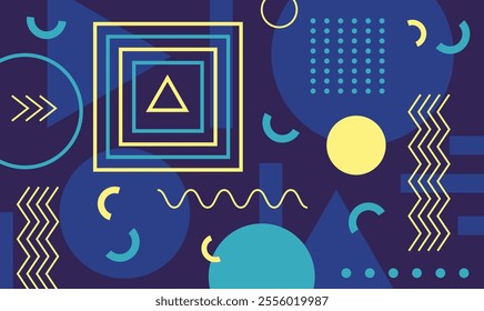 Vibrant geometric shapes and lines create a dynamic and modern abstract composition, ideal for backgrounds, posters, or digital designs with a retro 80s or 90s aesthetic