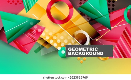 Formas geométricas vibrantes se sobrepõem, criando um plano de fundo colorido dinâmico. Gradientes, linhas e círculos adicionam interesse visual. Elementos de design modernos presentes.