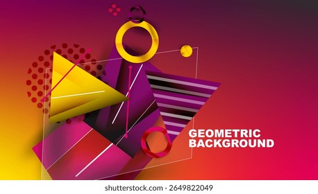 Vibrant geometric shapes overlap, creating dynamic composition. Yellow, purple, pink gradients dominate design. Modern aesthetic.