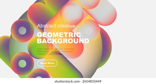 Vibrant geometric shapes overlap, creating colorful abstract background. Text promotes further exploration. Modern design elements present.