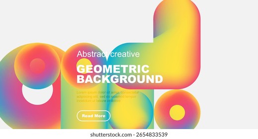 Vibrant geometric shapes overlap, creating colorful background. Text promotes creativity, includes read more button. Modern design.