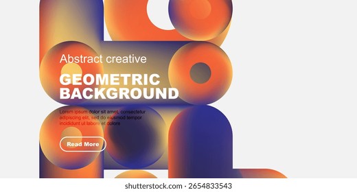 Vibrant geometric shapes overlap, creating abstract background. Text promotes further exploration. Modern design elements present bold color palette.