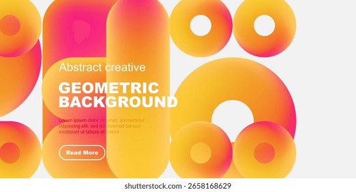 Formas geométricas vibrantes se sobrepõem, criando um plano de fundo abstrato dinâmico. O texto promove uma maior exploração. Elementos de design modernos presentes.