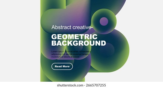 Vibrant geometric shapes overlap, creating modern abstract background. Text details present information, button invites interaction.