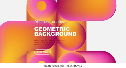 Vibrant geometric shapes overlap, creating dynamic colorful background. Text promotes further exploration.