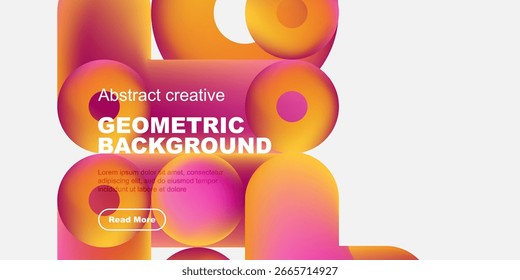 Vibrant geometric shapes overlap, creating colorful background. Text promotes creative design, includes read more button.