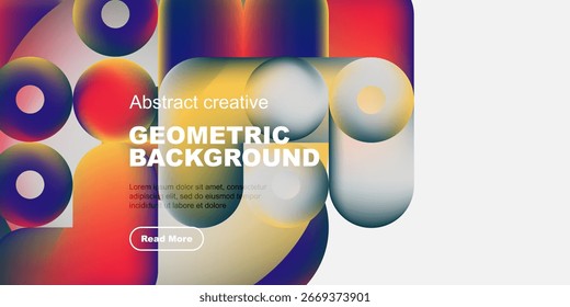 Vibrant geometric shapes overlap, creating colorful abstract background. Text element present, button visible. Modern design.