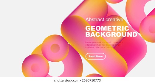 Vibrant geometric shapes overlap, creating dynamic background. Orange, pink, yellow hues dominate design. Text promotes further exploration.