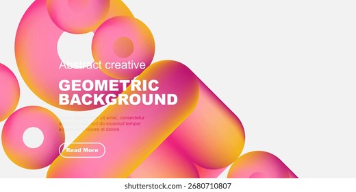 Vibrant geometric shapes overlap, creating dynamic abstract background. Pink, orange hues dominate white space. Text present.