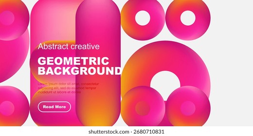 Vibrant geometric shapes overlap, creating dynamic abstract background. Text promotes creative design, inviting further exploration.
