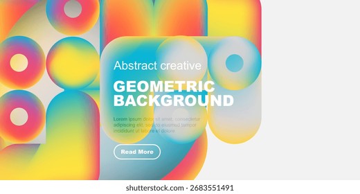 Vibrant geometric shapes overlap, creating colorful abstract background. Text promotes further exploration. Modern design elements present.