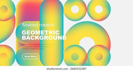 Formas geométricas vibrantes se sobrepõem, criando um fundo abstrato colorido. O texto promove uma maior exploração. Elementos de design modernos presentes.