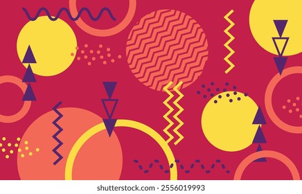 Vibrant geometric shapes and patterns creating a dynamic memphis design background, featuring circles, triangles, zigzags, and dotted textures in a retro inspired color palette