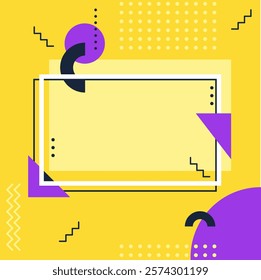 Vibrant geometric shapes and patterns form a dynamic composition with a central white frame, offering space for text or design elements, ideal for various graphics