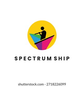 Vibrant geometric ship logo with a sailor exploring the horizon.