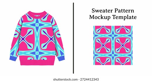 Vibrant geometrische Pullover Muster Mockup Vorlage mit einem abstrakten Design in fett rosa, blau und lila Farben. Ideal für Mode-, Textil- und Grafikdesign-Projekte, die einen individuell anpassbaren Hintergrund bieten.