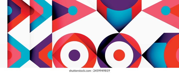 A vibrant geometric textile design featuring colorful rectangles, lines, arrows, circles, triangles, and symmetry on a white background with red and magenta accents