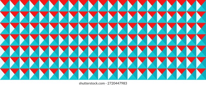 Design têxtil geométrico vibrante com um padrão interligado de triângulos azul-petróleo e vermelho.  Perfeito para planos de fundo, design de site ou projetos de impressão que precisam de uma estética ousada e moderna.