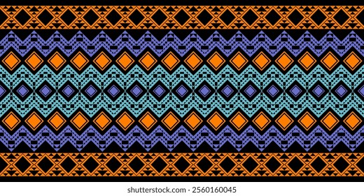 a vibrant, geometric textile with a distinct ethnic or tribal feel. Against a black backdrop, repeating rows of stylized figures create a visually engaging composition. The primary colors are orange, 