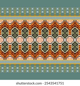 A vibrant, geometric textile pattern featuring bold, contrasting colors and intricate, symmetrical shapes. The design is reminiscent of traditional tribal art and would make a striking addition to any