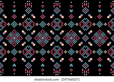 A vibrant geometric textile pattern inspired by traditional embroidery. Featuring pink, blue, and yellow details on a black background, this pixel-art design is perfect for fashion, fabric prints, and