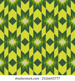 Vibrant Geometric Textile Pattern: Neon Yellow and Green Diamond Shapes with Starburst Accents