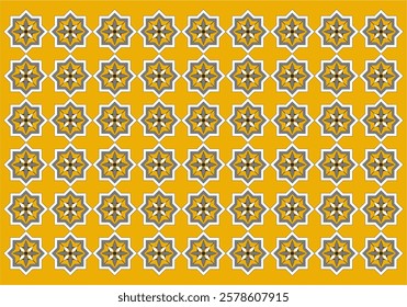 A vibrant geometric tile pattern with intricate star motifs on a yellow background. Perfect for design projects, art inspiration, or decorative purposes.