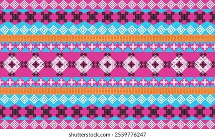 Vibrant geometric tribal pattern with bold pink, blue, and orange hues, perfect for textiles, wallpapers, and ethnic-themed digital art projects.