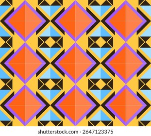 Vibrant geometric tribal pattern in bold orange, blue, and yellow tones. Perfect for digital textile prints, fashion designs, and boho-style products.