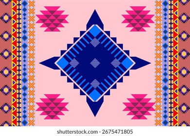 Padrão tribal geométrico vibrante com formas de diamante em negrito em azul, rosa e roxo. Design étnico tradicional perfeito para têxteis, tapetes, papéis de parede e artes decorativas.