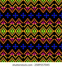 Vibrant geometric tribal pattern featuring electric blue florals and neon triangles in pink, yellow, and lime green on black. 