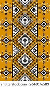 A vibrant geometric tribal pattern featuring black and white diamond shapes on a mustard yellow background, creating a bold and intricate design.