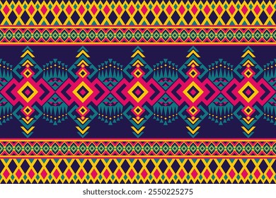 Vibrant Geometric Tribal Pattern with Symmetrical Shapes and Bold Colors
