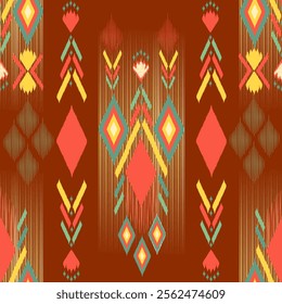 Vibrant Geometric Tribal Pattern with Symmetrical Diamond and Arrow Motifs in Earthy Tones Striking Visual Design Suitable for Textiles, Wallpapers, and Decorative Art Projects