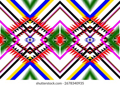 Patrón tribal geométrico vibrante sin fisuras con colores audaces y detalles nítidos, perfecto para textiles, moda y fondos de decoración del hogar.