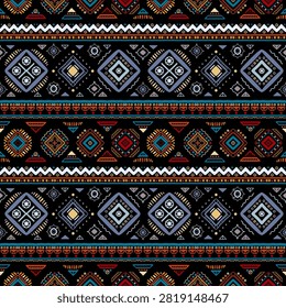 A vibrant geometric tribal vector seamless pattern. Inspired by America and Africa. Wild tribes. Multicolored zigzag tribal border. Bright colored hand-drawn lines on a black 