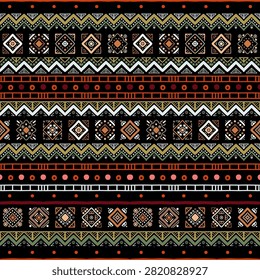 A vibrant geometric tribal vector seamless pattern. Inspired by America and Africa. Wild tribes. Multicolored zigzag tribal border. Bright colored hand-drawn lines on a black 