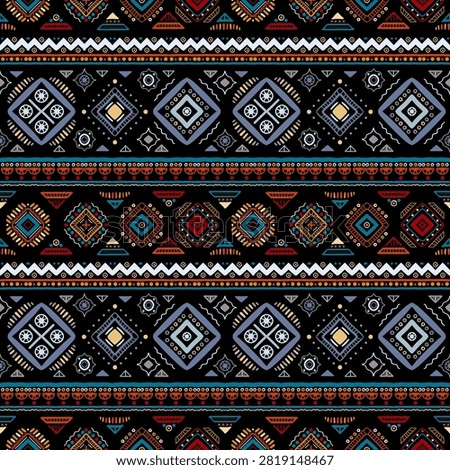 A vibrant geometric tribal vector seamless pattern. Inspired by America and Africa. Wild tribes. Multicolored zigzag tribal border. Bright colored hand-drawn lines on a black 