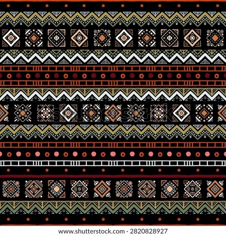 A vibrant geometric tribal vector seamless pattern. Inspired by America and Africa. Wild tribes. Multicolored zigzag tribal border. Bright colored hand-drawn lines on a black 
